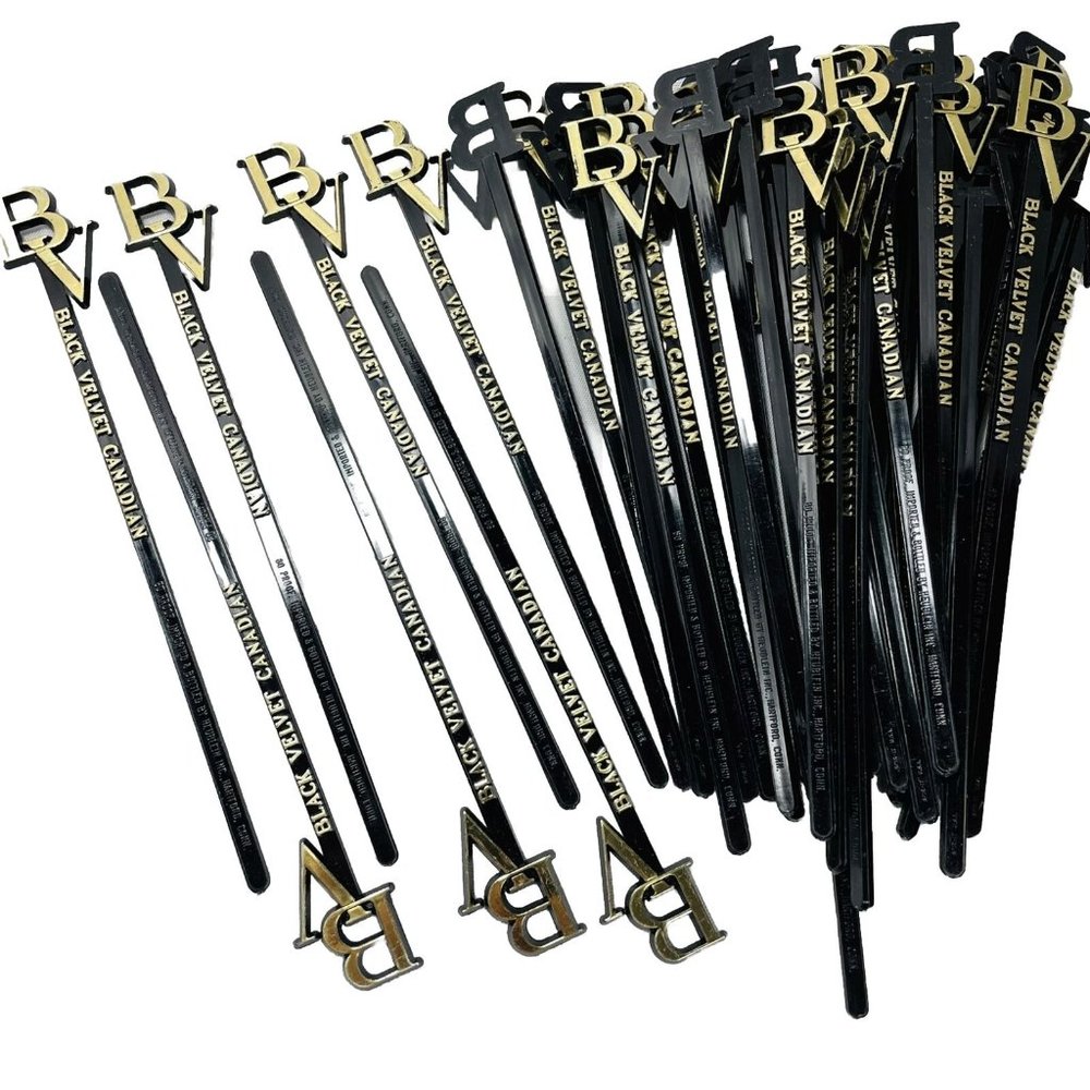 Black Velvet Canadian Whiskey Cocktail Swizzle Sticks Lot 40 Black Gold Vintage